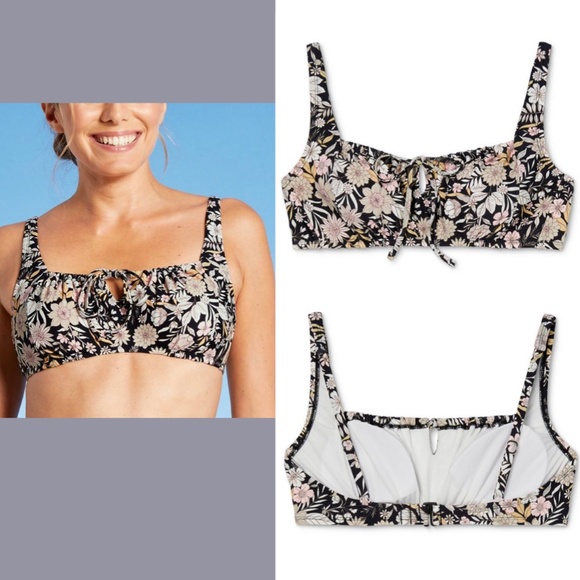 NWT Kona Sol‎ [ Large ] Cinch-Front Bikini Top in Black Floral - Picture 4 of 11